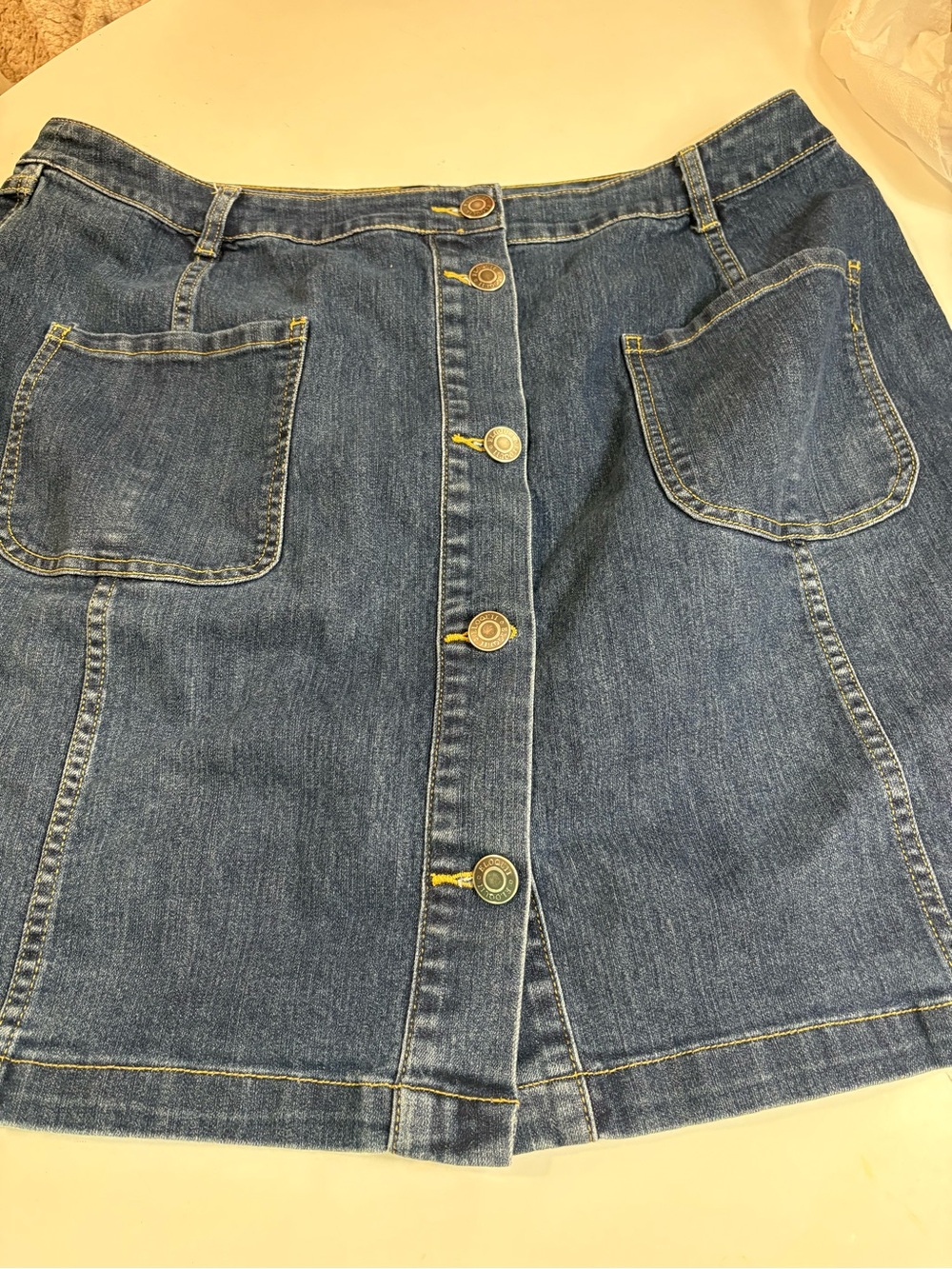 Eloquil Dark Blue Denim Skirt with Gold Topstitching,knee-length. Nice Pockets